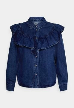 ONLY Petite ONLINDIGO LIFE FRILL - Button-down Blouse - Medium Blue Denim