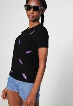 ONLY Petite ONLKITA FEATHER BOX - Print T-shirt - Black -ONLY Petite store bf29807d27424594b57e50548ad220b0
