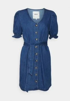 ONLY Petite ONL DAISY PUFF BELT DRESS - Denim Dress - Dark Blue Demin